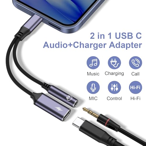 Image of Tobfit USB C to 3.5mm Jack and Charger Adapter, 2-in-1 USB C to Aux Audio Jack Adapter with PD 60W Fast Charging Compatible with iPhone 16 Pro Max /15 Pro Max, Galaxy S24 /S23 Ultra, Pixel, iPad Pro