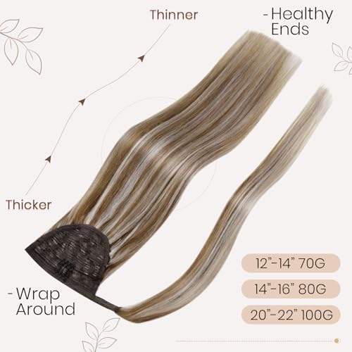 Hetto Ponytail Hair Extensions Real Human Hair Brown Ponytail Extensions Human Hair 20 Inch Blonde Clip in Ponytail Hair Extensions Secure with Comb & Velcro 80g #10/613 - Image 3