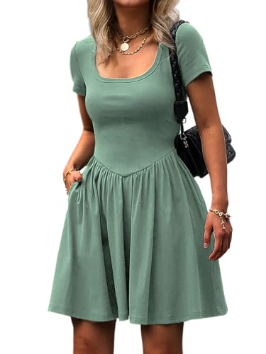 Image of Mieazom Women's Summer Casual Short Sleeve Mini Dress Square Neck A Line Pleated Swing Dresses Basic Short Dress with Pockets