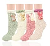 Benefeet Sox Fuzzy Socks for Women Cute Bunny Fluffy Socks Cozy Plush Super Soft Socks Winter Warm Comfy Slipper Socks Fleece Home Sleeping Socks Fuzzy Christmas Socks, 4 Pairs Bunny and Carrot