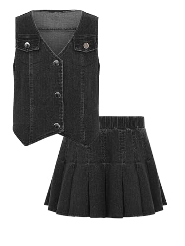 Linjinx Kids Girls Denim Vest Button Down Asymmetrical Hem Jeans Waistcoat Jacket Outerwear with Pleated Skirt Set2