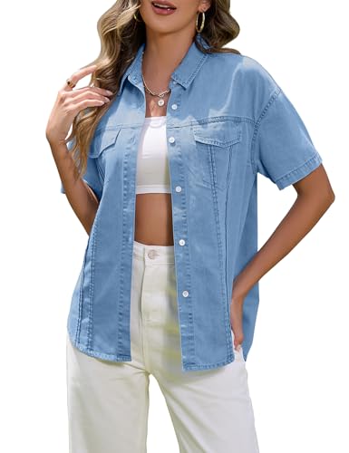 Women's Denim Shirt Casual Short Sleeve Button Down Chambray Blouse Summer Jean Shirt Tops