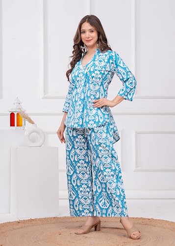 Image of Women's Pure Cotton Co-Ord Set | Three-Quarter Sleeves-Mandarin Collar Top & Palazzos | Printed Casual Wear Co-Ord Set for Women