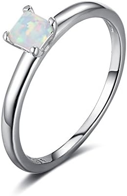 SILBERTALE Opal Ring 925 Sterling Silver Small Birthstone Princess Cut Opal Solitaire Promise Engagement Ring Women Stacking Wedding Band Size 8