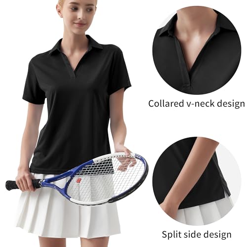 QBK Women's Golf Tennis Polo Shirt Short Sleeve V Neck Collared Athletic Workout Tops Dry Fit UPF 50+3