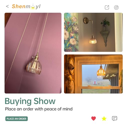 Image of Shenmoyl Vintage Wall Sconce Wall Lamp with Amber Tulip Glass Shade Hanging Wall Sconce with 4.9FT Plug in Cord, Modern Wall Lamp Fixtures Decor for Bedside Bedroom Indoor Doorway