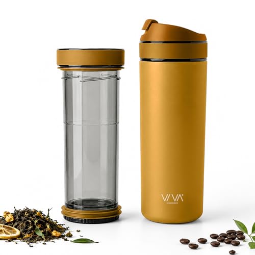 VIVA Recharge Mustard Insulated Tea & Coffee Mug & Travel French Press Coffee Maker, 16 oz