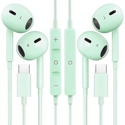 2 Packs USB C Headphones for iPhone 16/15 Phone Earbuds with Microphone & Volume Control HiFi Stereo Type C Earphones for Galaxy S23/S22/S21/S20/Ultra Note 10/20, for Pixel 7/6/6a/5/4,for OnePlus 9 8