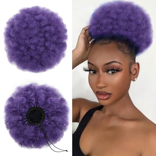 quesdom Afro Puff Ponytail Extension Synthetic 80 Grams Afro Puff Drawstring Clip on Kinky Curly Bun for Black Women(2404 Purple)
