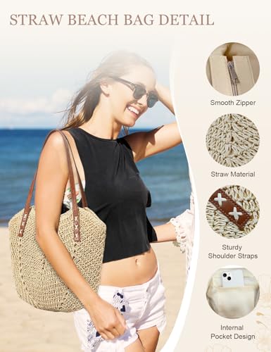 Image of Beach Bags for Women with Zipper, Large Straw Bag Woven Tote Bag Straw Shoulder Bag for Summer Vocation