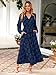 Simplee Womens Boho Floral Long Sleeve Maxi Dress Formal Wedding Guest Dresses Modest Church Dress Fall Outfits Navy Blue L