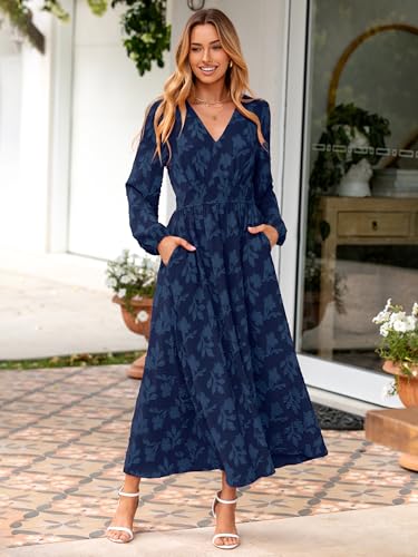 Image of Simplee Womens Boho Floral Long Sleeve Maxi Dress V Neck Empire Waist Fall Wedding Guest Dresses with Pockets