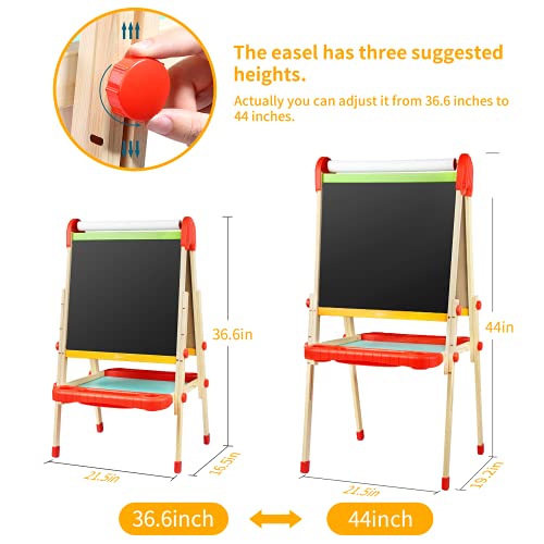 Joyooss Kids Wooden Art Easel with Paper Roll -Double Sided Whiteboard & Chalkboard Children Easel -Adjustable Height Magnetic Dry Easel Drawing Easel Board with Bonus Kids Art Supplies for Boys Girls - Thumbnail 4