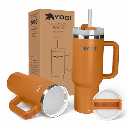 YOGI Ceramic Lined Tumbler with Handle and Straw Lid, Stainless Steel Travel Mug & Water Tumbler, Vacuum Sealed Cup with Handle
