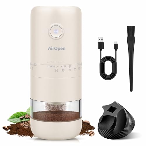 AirOpen Moulin à café électrique portable, meules coniques en céramique, 100 réglages externes Espresso – Piston, batterie rechargeable USB-C, capacité...
