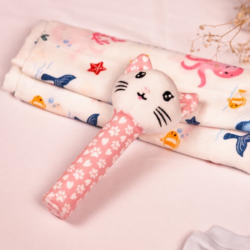 Image of Mirada Cute Kitty Plush Rattle Toy for Babies Soft Toy with Squeeze Handle & Squeaky Sound | Perfect Cuddly Toy for Toddlers & Infants - 18cm