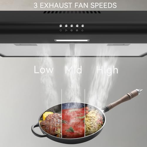 Image of Hermitlux Under Cabinet Range Hood, 30 inch Black Vent Hood With 3 Speed Exhaust Fan, Ducted And Ductless Convertible, LED Bright Light Bulbs and Charcoal Filter