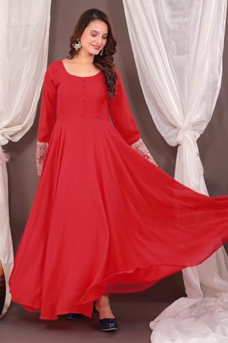 Image of ROYALICA Women's Georgette Gown Set with Solid Pattern Floor Length Round Neck Fit & Flare Full Sleeves Gown Pant and Embroidery Work Dupatta | Anarkali Gown Set for Women