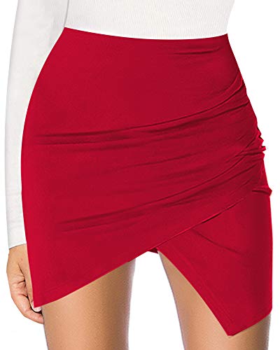 Image of MANGOPOP Women's Basic Faux Suede High Waist A-line Mini Pencil Bodycon Skirt (B03 Red(Asymmetrical), Small)