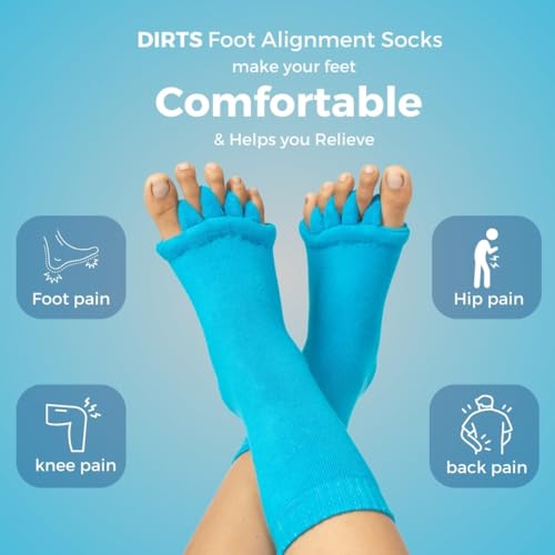 Image of DIRTS Cotton Foot Alignment Socks - 5 Toe Separator for Easing Bunion, Plantar Fasciitis, Hammer Toes, and Pain Relief - Size UK6-9 9(Blue, Large) (Pack of 2)