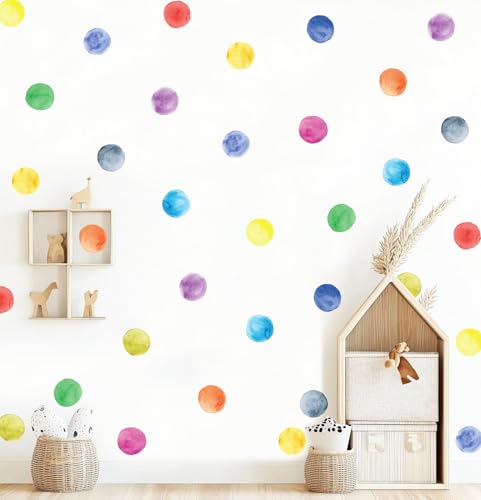 Watercolor Polka Dots Wall Decals Rainbow Colorful Removable Round Stickers for Kids Baby Girls Playroom Nursery Room (Color)