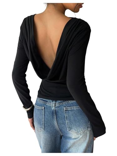 SweatyRocks Womens Backless Draped Long Sleeve Tops Cinched Waist Ruched Going Out T Shirts Black Medium