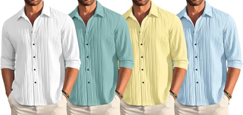 Image of FINIVO FASHION Combo of Men's Casual Cotton Plain Button Down Shirt Long Sleeve Textured Summer Beach Shirt for Men Pack of 4