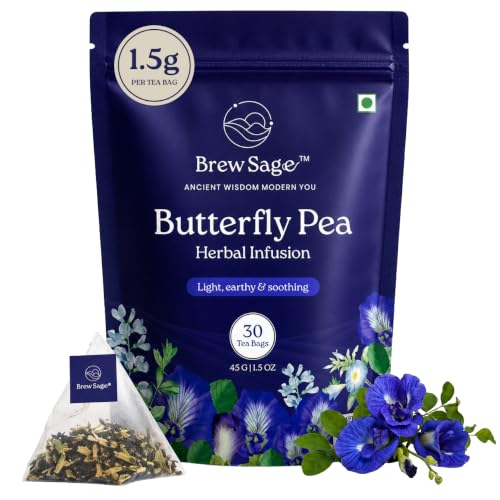 Image of BREW SAGE Butterfly Blue Pea Flower Tea Bags | SUPPORTS BELLY FAT LOSS, Mental Focus & Detox | Aparajita & Shankhpushpi Herbal Tea | Antioxidant Rich, Naturally Caffeine Free | 30 Tea Bags (Butterfly Blue Pea)