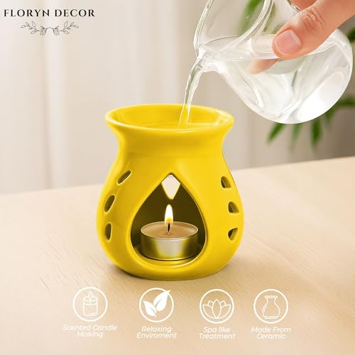 Image of Floryn Decor Ceramic Diffuser with Free 3 Tealight Candles | Home Fragrance, Spa, Office & Yoga | Aromatherapy Gift Set of 3 (Yellow)