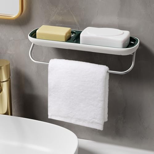 Jabonera de pared con toallero y sistema de drenaje, estante de almacenamiento de ducha sin taladro, para organización de baño y cocina, construcción de ABS y aluminio (verde Vangogh (con))