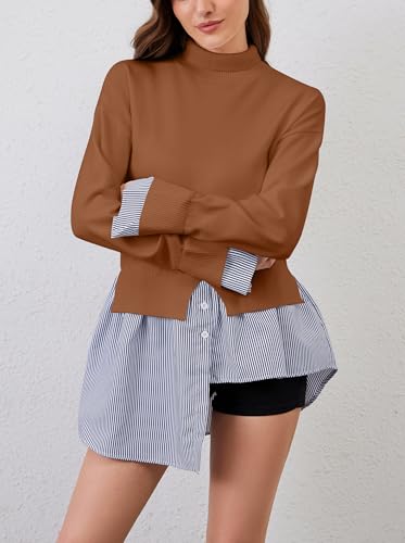 Image of Women Turtleneck Long Sleeve Sweater Patchwork Button Down Striped High Low Hem Shirt Vinatge Pullover Top Brown