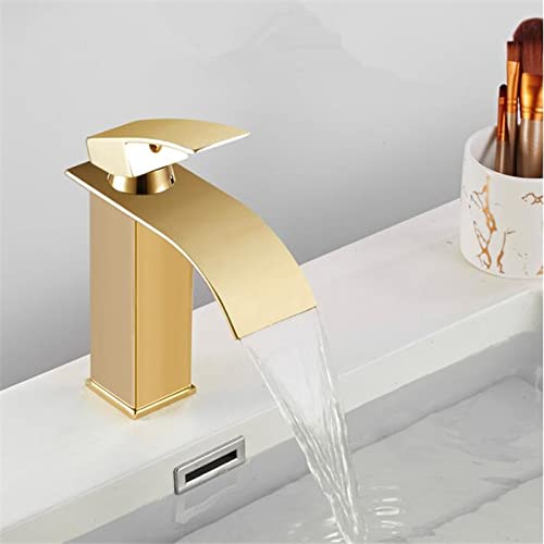 Robinet de salle de bain cascade or anti-éclaboussures à poignée unique en inox