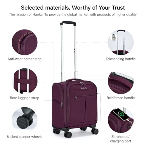 Image of Hanke 45CM Small Soft Shell Cabin Trolley Bags, 8 Silent Spinner Wheels,Charging Port, 8 Storage Compartments, Lightweight Compact Carry-On Luggage for Short Trips & Overnight Use,Purple