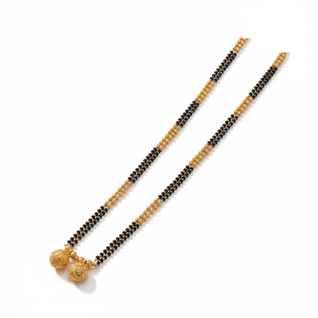 aaiku Traditional Gold-Plated Golden Ball Mangalsutra Set with Earrings | 2 line Black Beads Chain & Ruby Stone Round Pendant | Maharashtrian Bridal Jewelry-picture-34