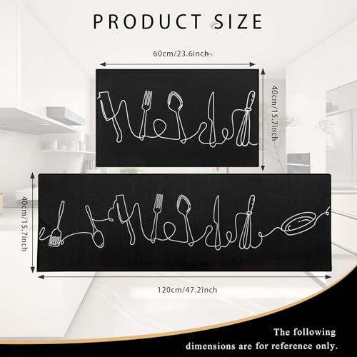 2 Pieces Kitchen Rugs and Mats,Kitchen Floor Mats Non Slip Washable,for Kitchen,Hallway,Living Room,Bedroomt,Black,40x60+40x120cm - Image 3