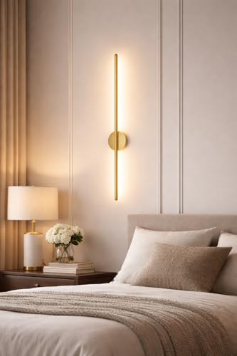 Image of SAH Modern LED Gold Wall Light Vertical Metal Wall Lamp Soft & Bright LED 3 Step Color Changing, Ambient Lighting Ideal for Living Room, Bedroom, Hallway, Bathroom and Home Decoration