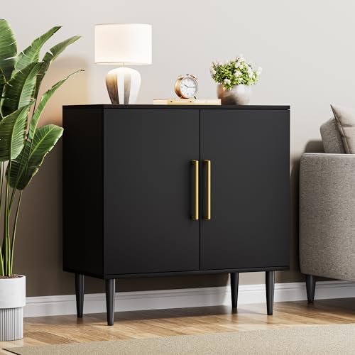 Image of Fkhouse Black Buffet Cabinet, Free Standing Sideboard with Storage, Wood Accent Cabinet with Doors,Modern Credenza, Sideboard Storage Cabinet for Living Room, Dining Room(1, Black & Gold)