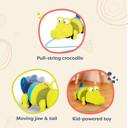 Image of B. toys Pull Along Toy, Waggle-A-Longs Snappity Scott Crocodile Toy | Push or pull crocodile walking toy with string; mouth opens, tail waggles, wheels roll; 1 piece; fully assembled; 18+ Months