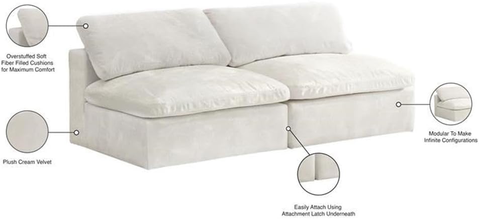 BOWERY HILL Contemporary Cream Velvet Modular Armless Loveseat, 78" W x 32" D x 18.5" H, Cloud-Like Fiber-Filled Cushions, Soft Velvet Upholstery, Modern Seating for Living Room or Lounge