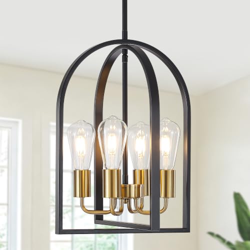 Black and Gold Farmhouse Modern Chandelier, 4-Light Dining Room Chandelier, Entryway Pendant Light Fixture Industrial Metal Adjustable Hanging for Foyer Living Room Hallway Kitchen Island