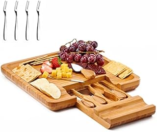 Utoplike Cheese Board with Knife Set, Bamboo Charcuterie Platter Serving Tray, Large(13 x 13 x 1.4) with 4 Stainless Steel Knife Folks in drawer, Perfect for Birthday, Housewarming & Wedding