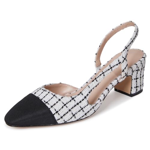 LinnOaks Slingback Heels for Women Pointed Closed Toe Pumps Two Tone Chunky Mid Heel Wedding Party Dress Shoes Ladies Fashion Patchwork Mary Jane Heels Multicolor Classic Comfy Office Shoes,