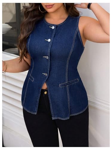 MakeMeChic Women's Plus Size Denim Vests Crew Neck Sleeveless Button Down Vest Outerwear4