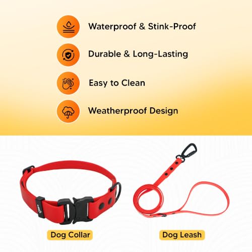 Image of Adil's Biothane Waterproof Dog Collar, Dog Leash & Collar Leash Combo | Heavy Duty TPU Coated Webbing | Adjustable Quick Release Buckle | Odour Resistant (Red, M-18, Collar & Leash Combo)