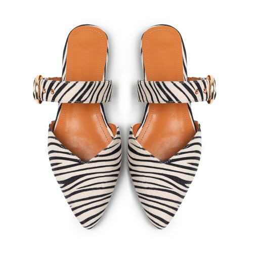 Meknitva Pointed Toe Mules for Women,Adjustable Strap Backless Loafers in Synthetic Suede, Dressy Casual Slip-On Flats Zebra Print,6
