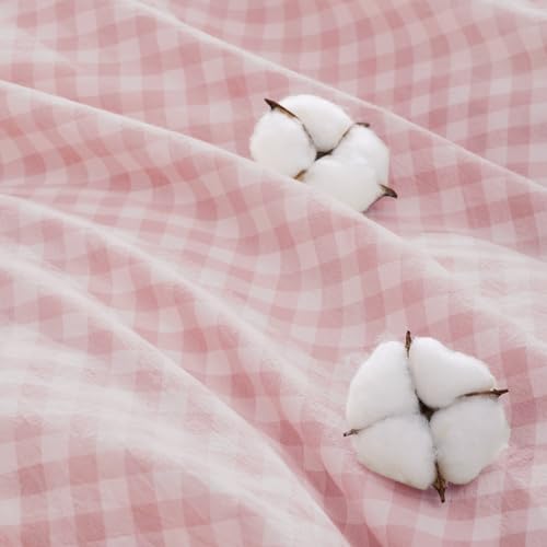Image of Andency Pink Gingham Duvet Cover Twin, 100% Wash Cotton Linen Like Textured Breathable Comforter Cover Set, 2 Piece Blush Classic Yarn-Dyed Checkered Plaid Bedding Set for Dorm Kids Teens, 66 inch*90 inch