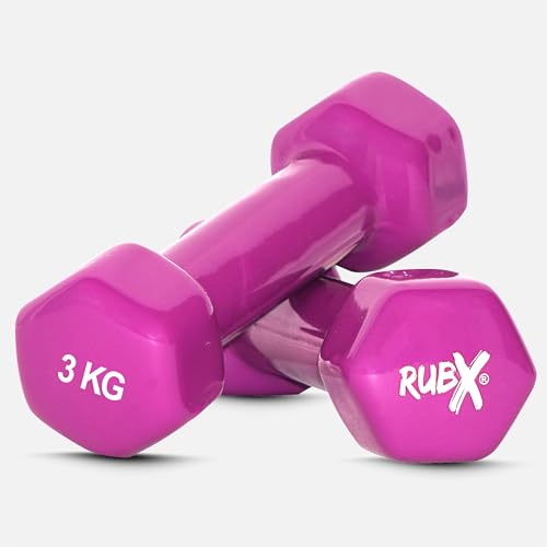 Image of RUBX Premium Unisex (Set for Men & Women) Vinyl Dumbbells Set of 2 |Ideal Home & Gym Workout | Fitness Gym Equipment for Strength Training, Bodybuilding, & Aerobics (3+3=6kg (PURPLE), 3 KGS Each)