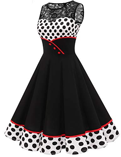 Bbonlinedress Women's 50S Vintage Dress Polka Dot Floral Lace Retro Rockabilly Sleeveless Round Neck Cocktail Party Swing Dress White Black Bdot L #TOP2