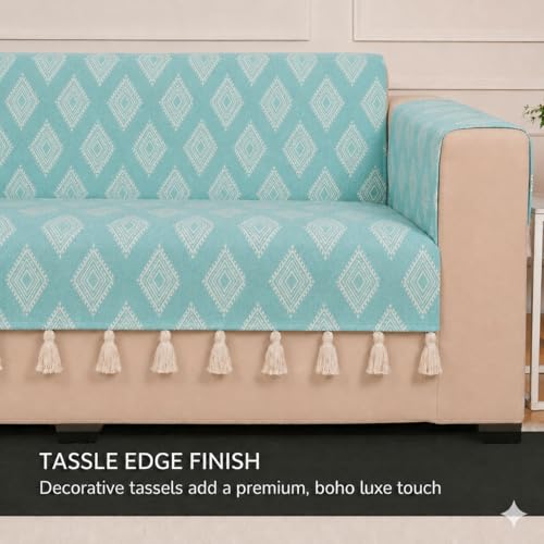 Image of STITCHNEST 'Verdant Rekhika Stories' 2 Seater Sofa Cover - Full Coverage| Elegant Jacquard Fabric, Decorative Tassels, Washable & Durable for Modern Living