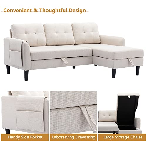 Gnixuu Pull Out Couch, Sectional Sleeper Sofa Bed With Storage Chaise, 3 Seater L Shaped Couch For Living Room, Convertible Fold Out Loveseat, Beige #TOP3